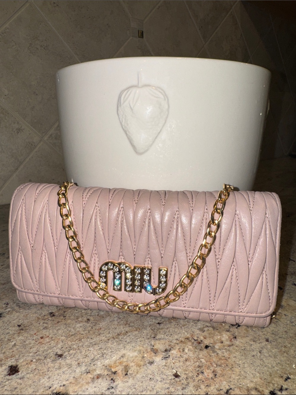 Miu Miu Quilted Pink Leather Wallet with Gold Chain